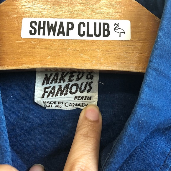 NAKED & FAMOUS denim blue button down shirt men's - Picture 3 of 5